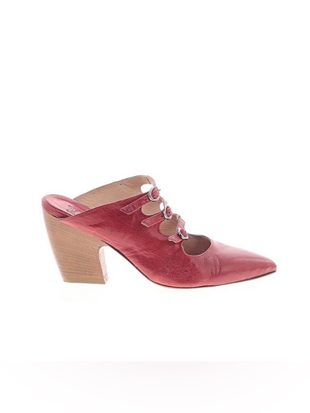 1725.a Cherry red triple strap Mary Jane mules. Point toe, block heel size 41